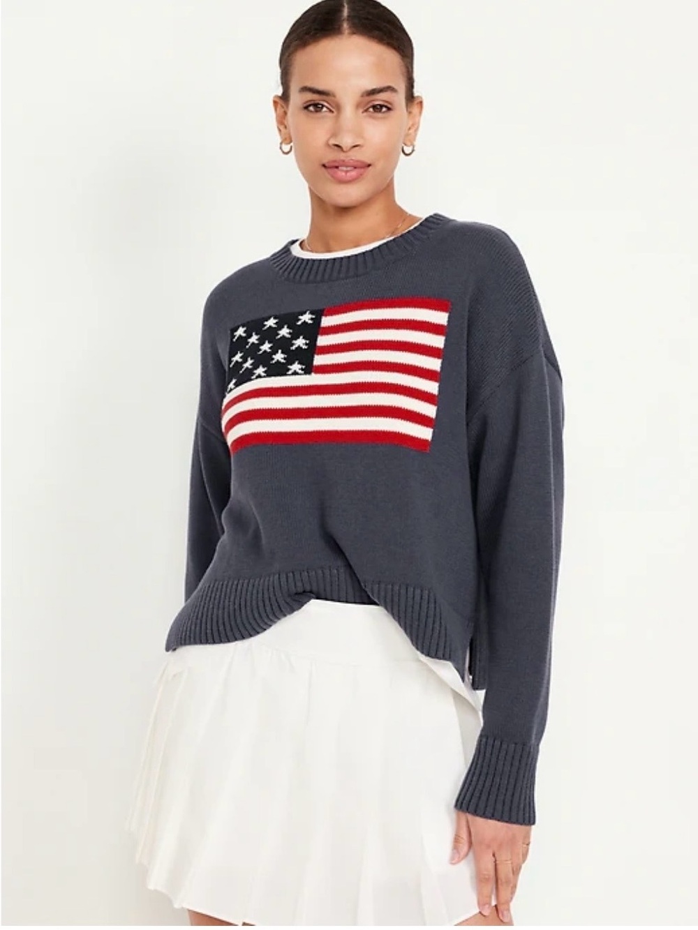 Old Navy American Flag 100% Cotton Crewneck Sweater Preppy Knit Blue SZ M
